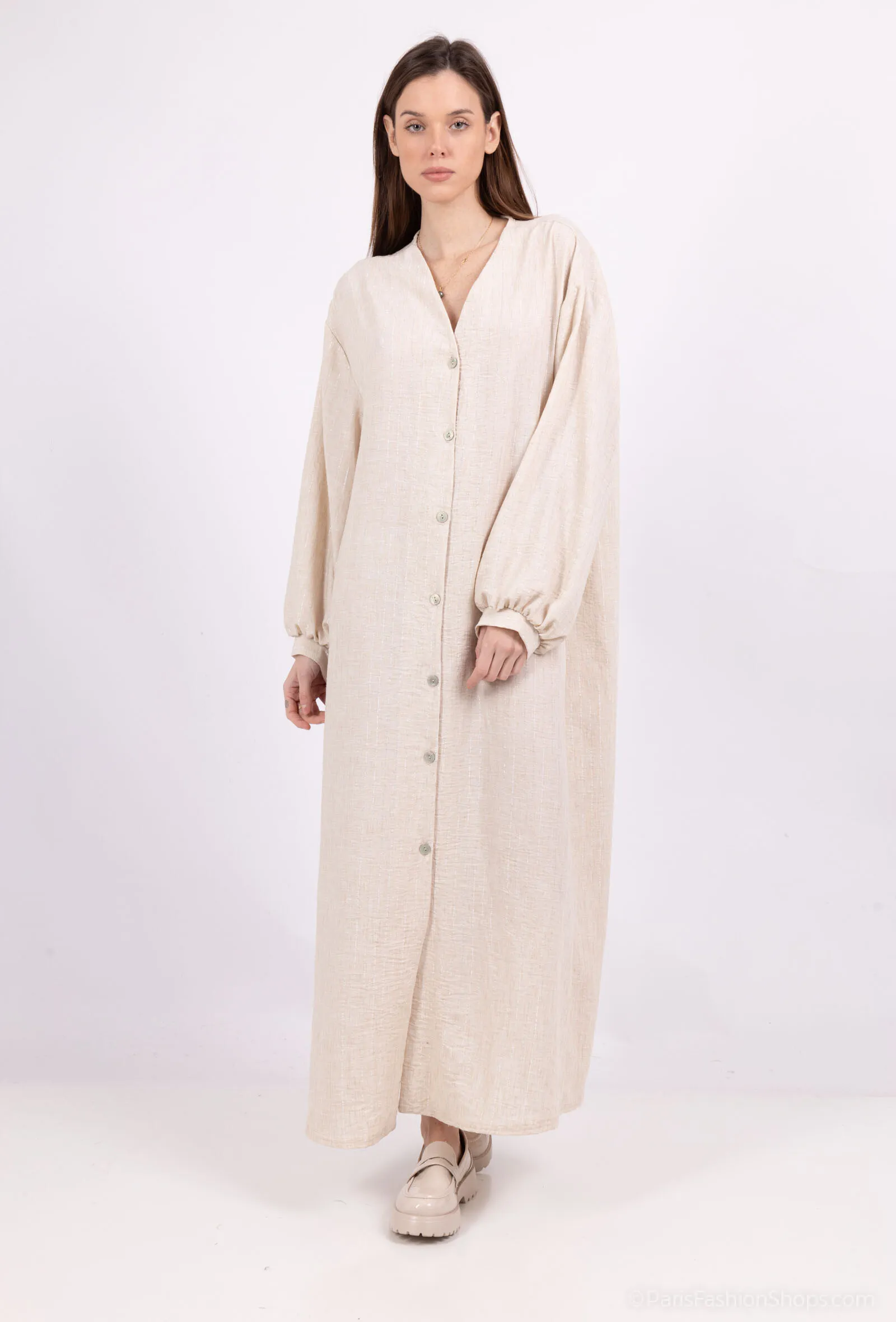 Abaya-Weste, Knöpfe, Kimono, Puffärmel, Stoff mit Leineneffekt, silberne Streifen