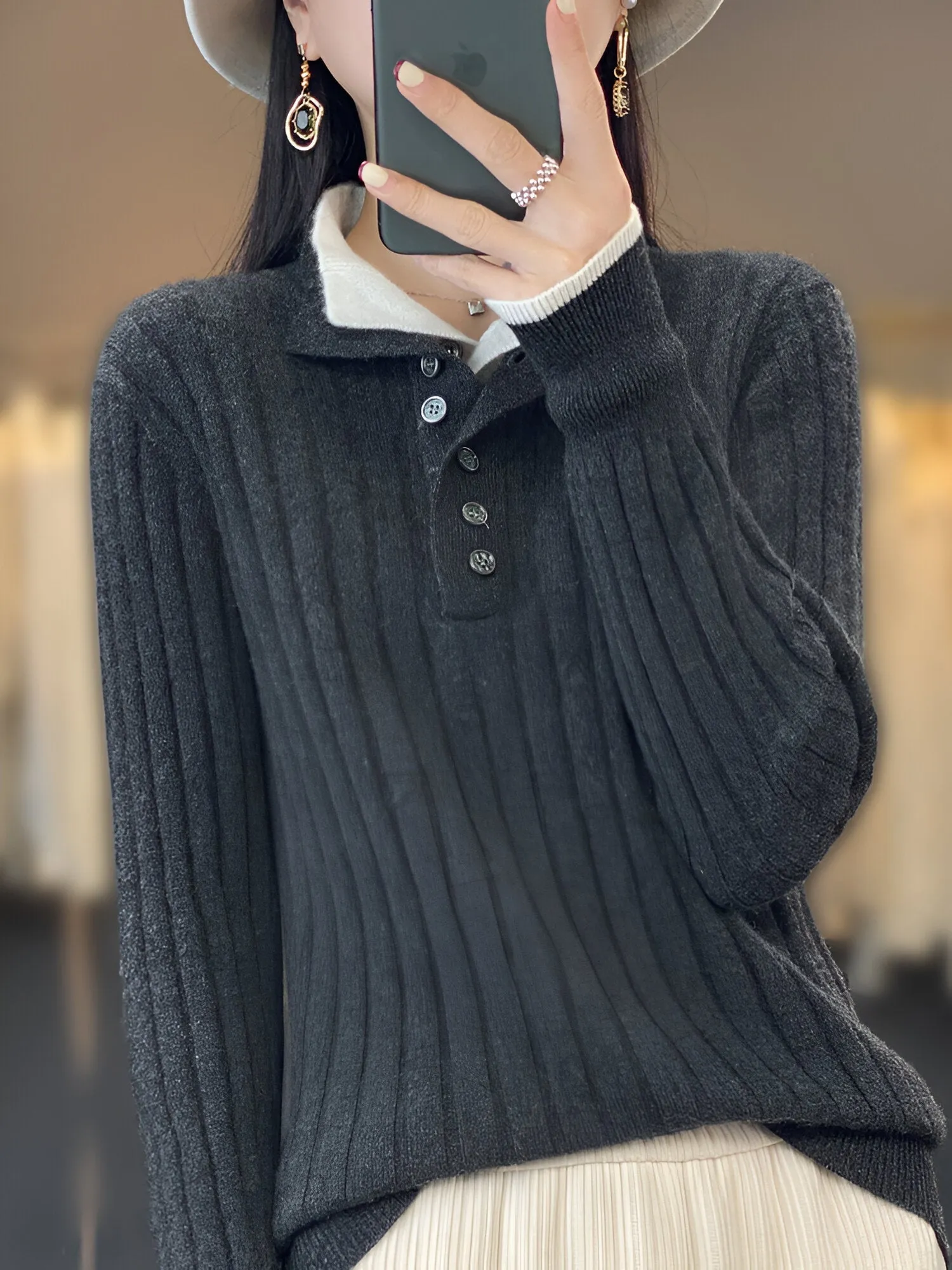 Heidi-Mode |  Lässige Turn-Down Kragen Pullover gestrickte Kleidung Tops