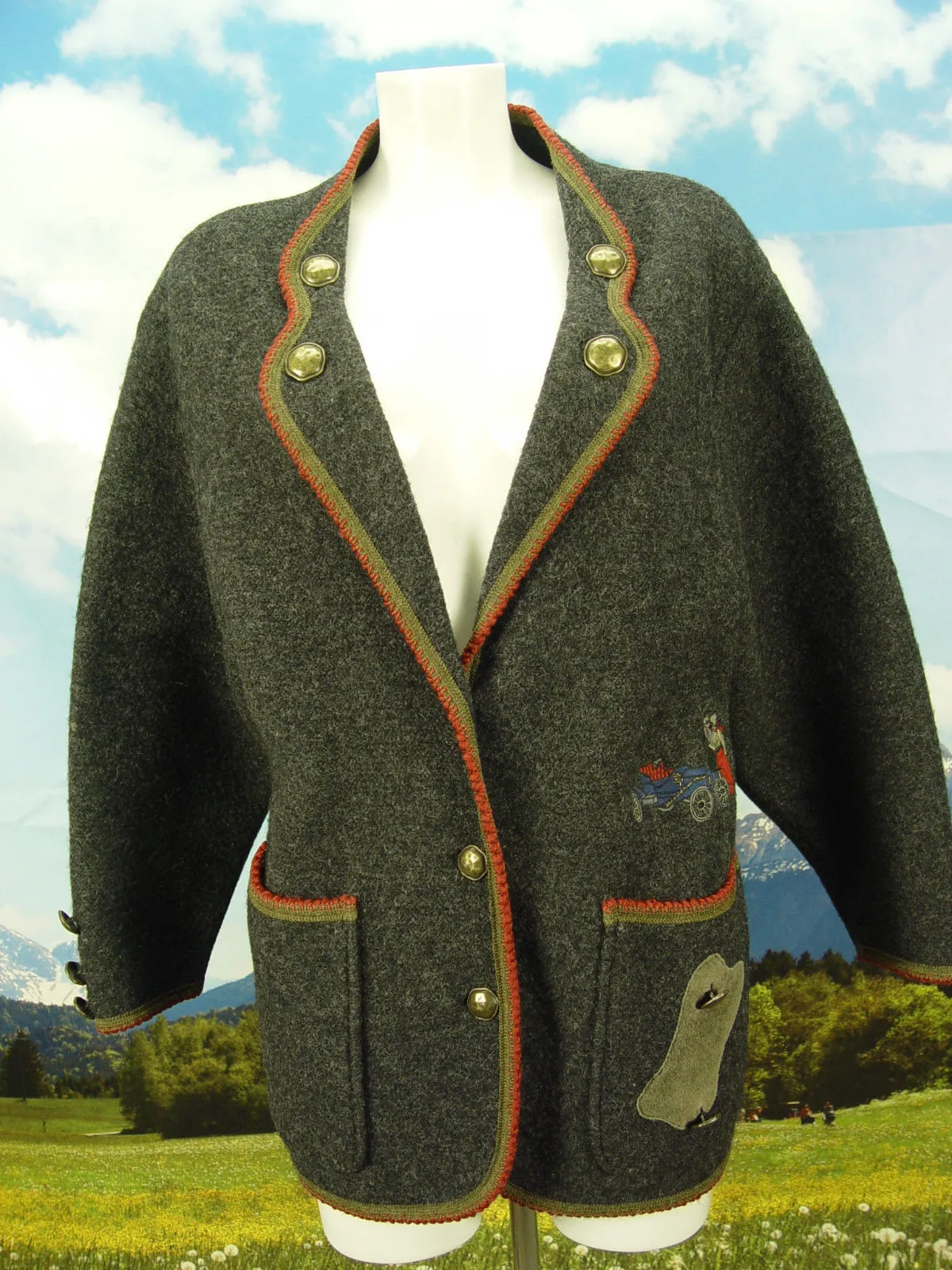 JULIUS LANG weiter Schnitt Lederbesatz Walkjacke Jacke DW169 Trachtenjacke Gr.38