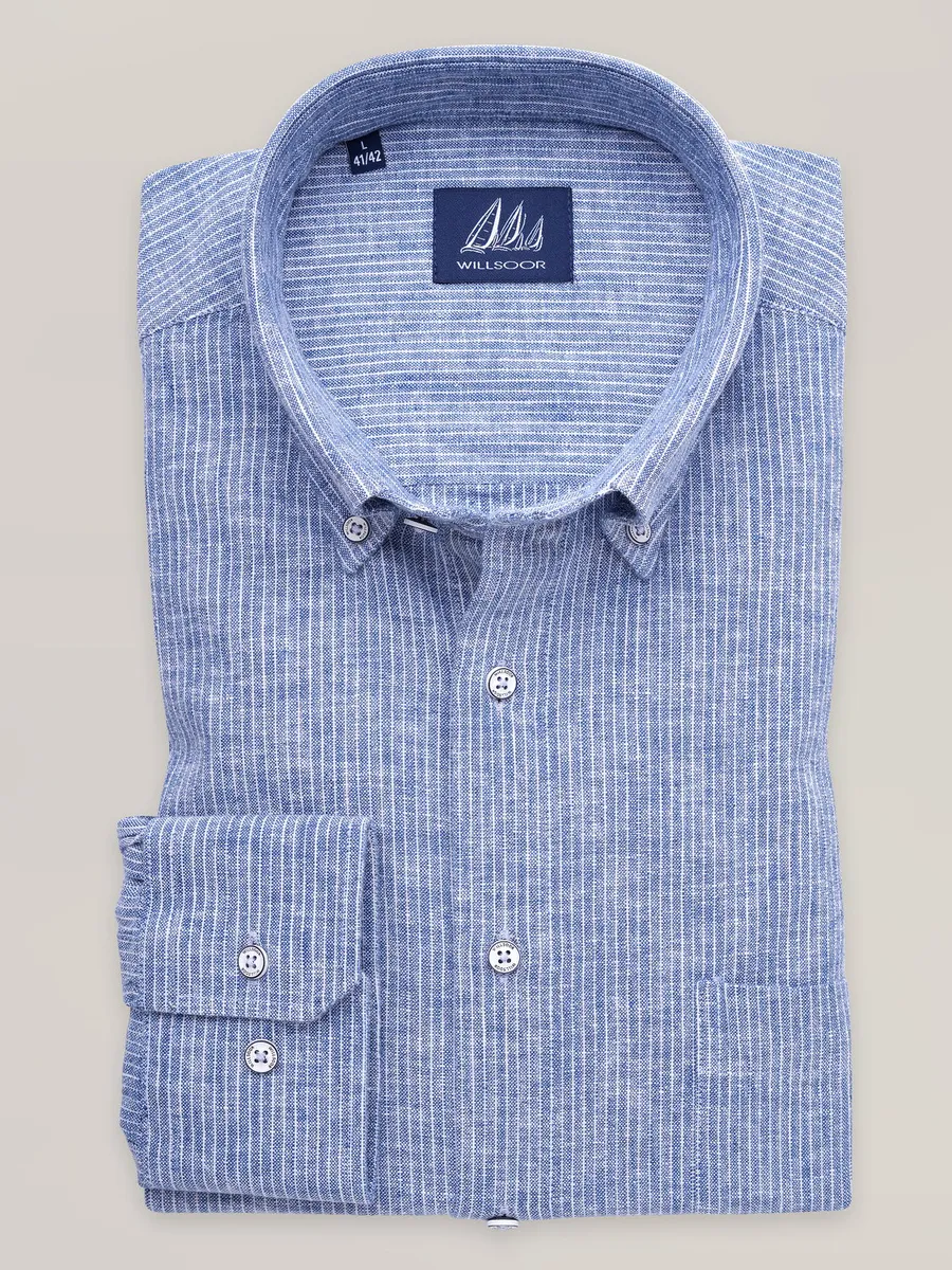 Klassisches Herrenhemd blau mit Streifen und hohem Leinenanteil 17499