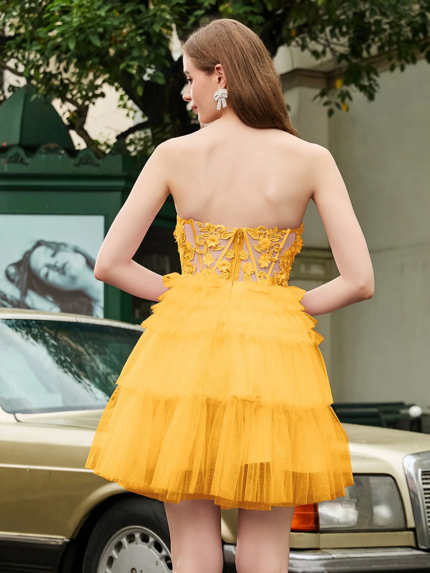 Transparentes A-Linien-Ballkleid Mit Herzausschnitt Und Applikationen Mandarine
